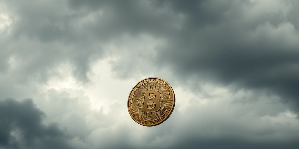 Bitcoin coin falling through clouds.