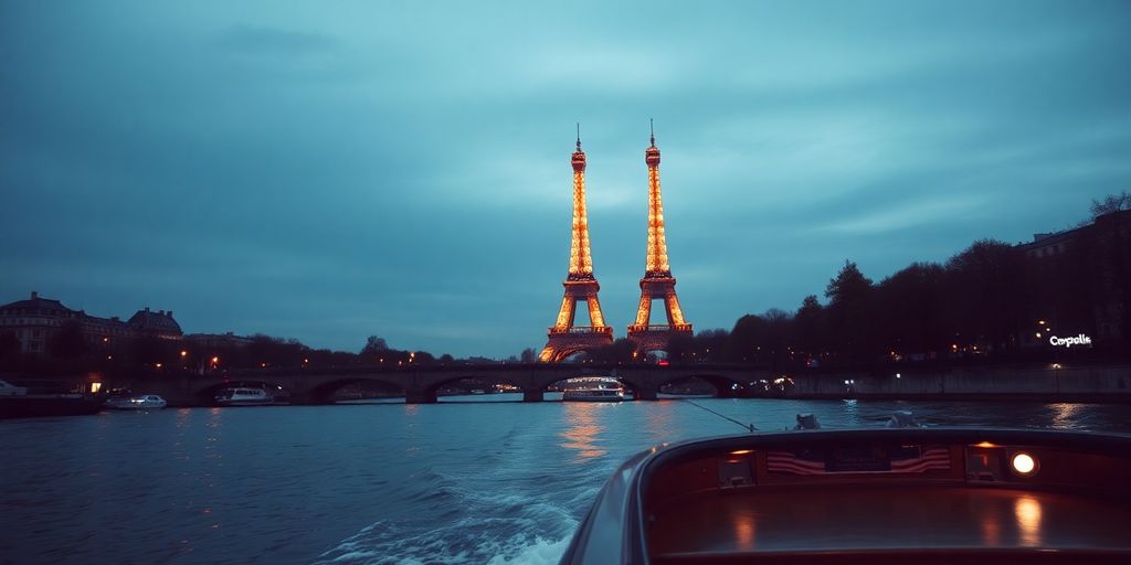 Romantic Seine River cruise at sunset with Eiffel Tower.
