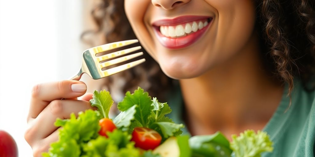 Woman smiling, eating salad, holding apple.