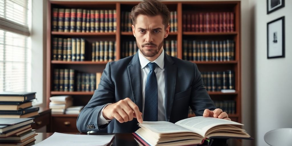 Lawyer reviewing case files in a professional office setting.