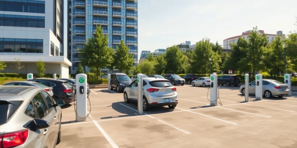 Electric vehicle charging stations in an urban parking lot.