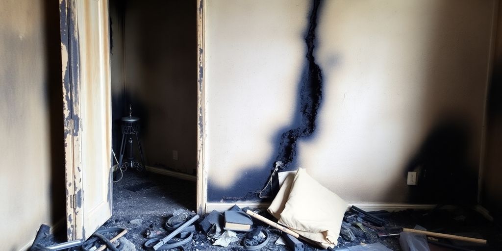 Fire-damaged room with charred walls and debris.