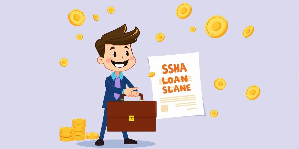 Cartoon hands reaching for a stylized SBA loan document.