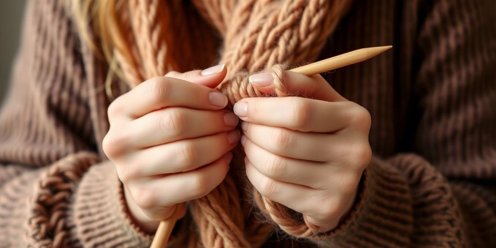 Knitter's hands, bulky yarn, large needles, comfortable posture.