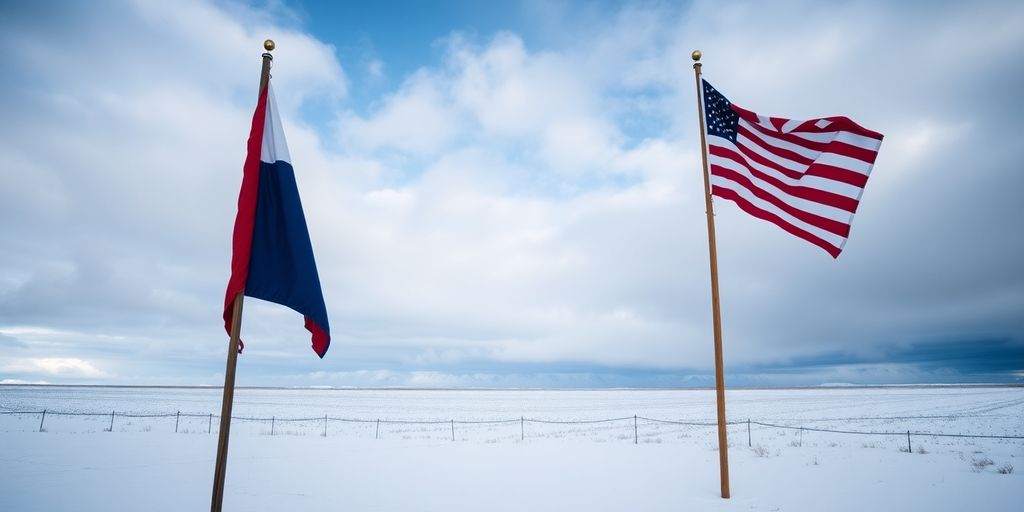 Barren Alaskan landscape, a Russian flag, a US flag.