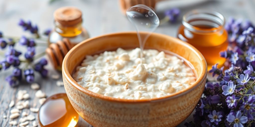 Bowl of oatmeal with honey and lavender flowers nearby.