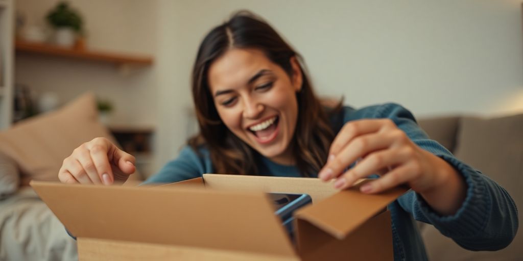 Person receiving and opening a package with a smiling face.
