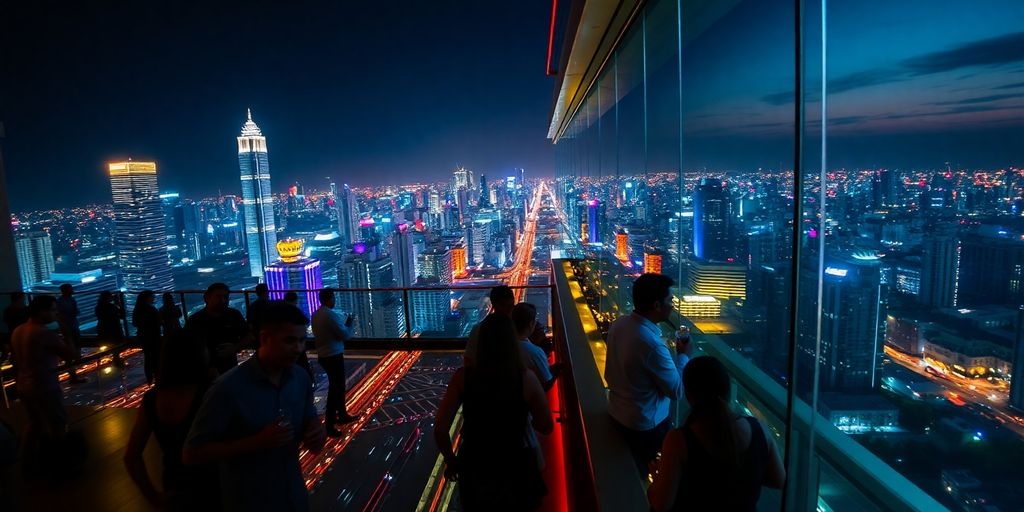 Bangkok skyline at night with illuminated sky bars.