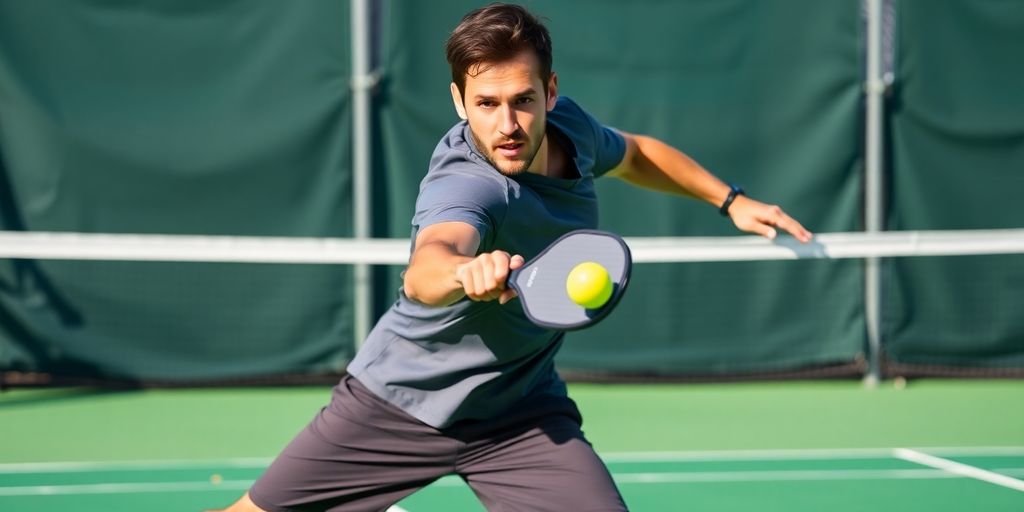 Pickleball player hitting two-handed backhand on court.