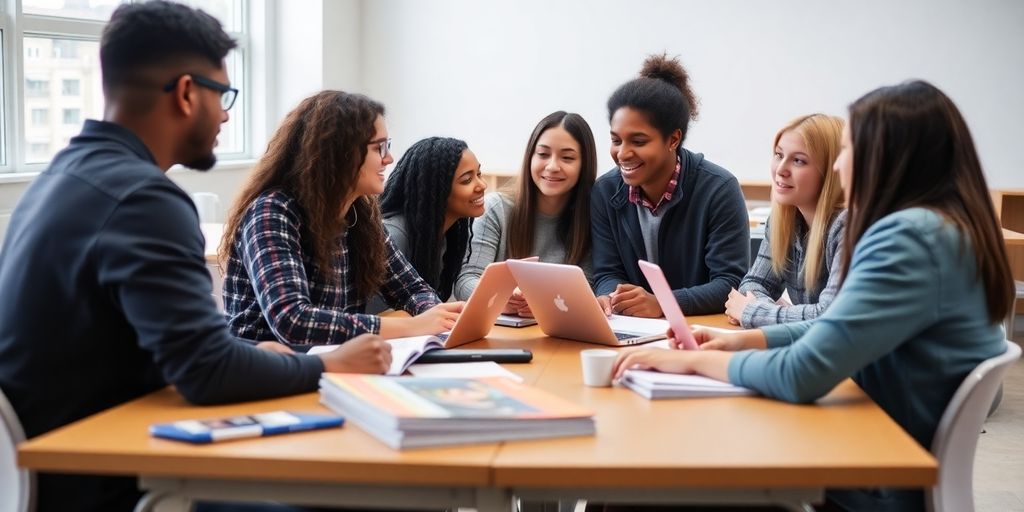 Grupo diverso de estudantes estudando juntos em sala moderna.