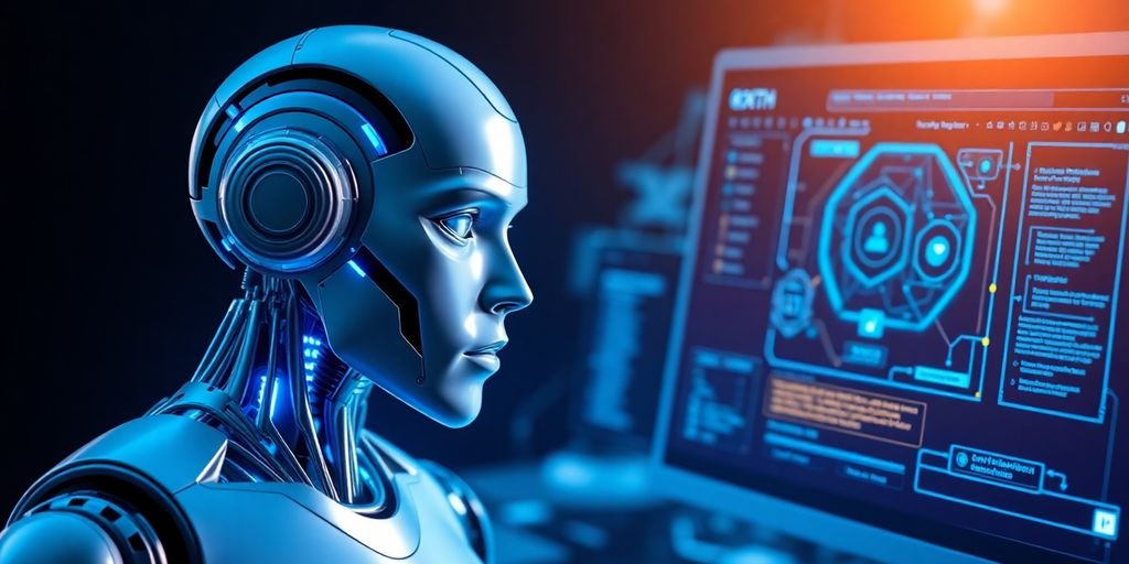 Futuristic robot and computer interface representing AI technology.
