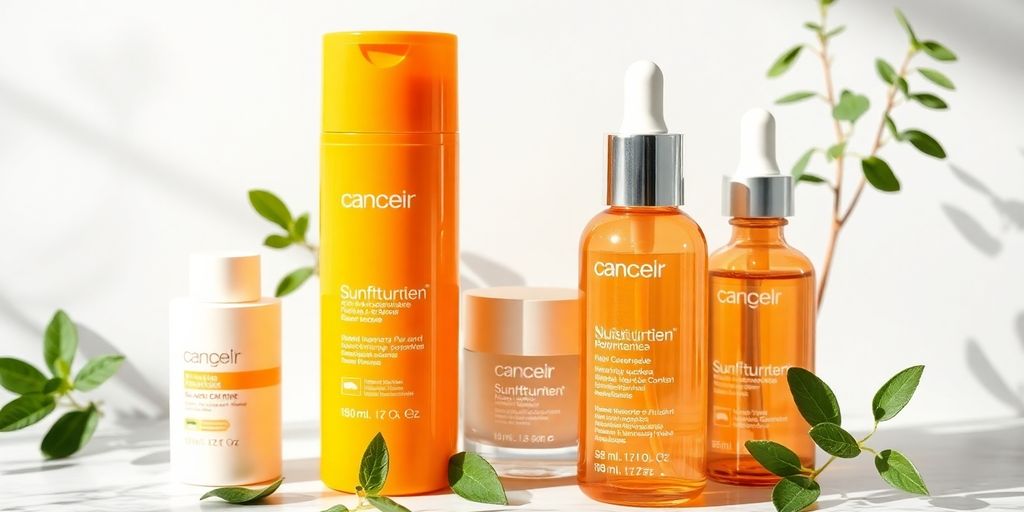 Skincare products on a marble surface with greenery.
