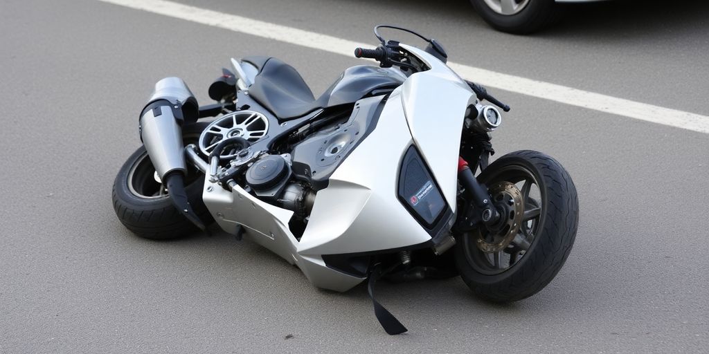 Motorcycle damaged after collision with a car.