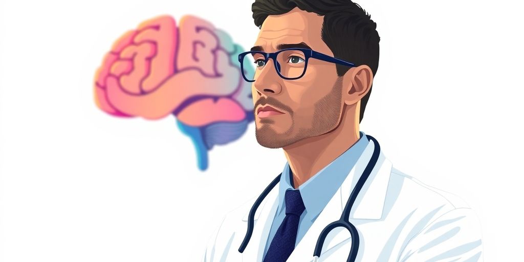 Psychiatrist with stethoscope and brain illustration.