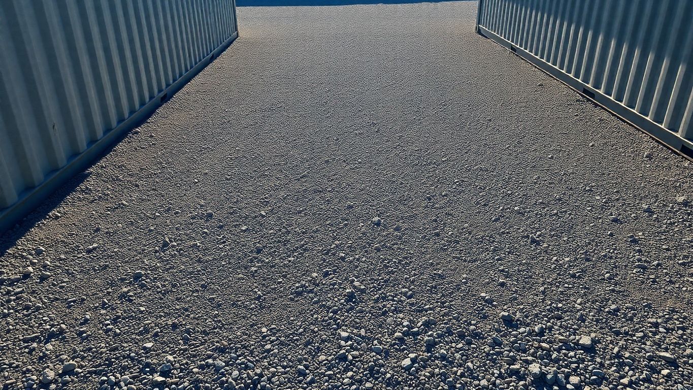 Shipping container site with level ground, gravel, and drainage.