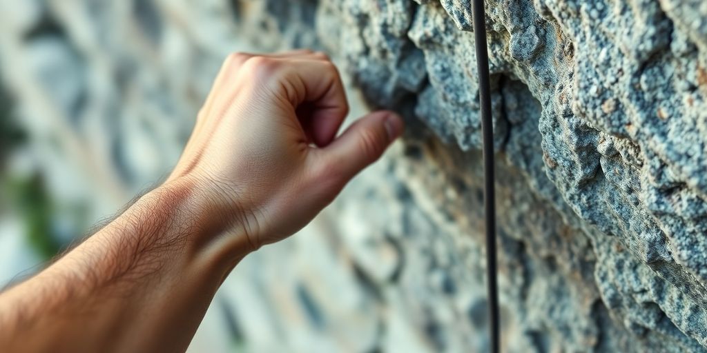 Muscular arm gripping a rock climbing hold.