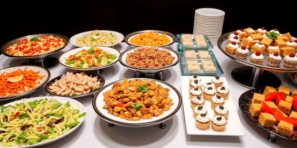 อาหารจัดเลี้ยงประชุมหลากหลายเมนู จัดวางอย่างสวยงามน่ารับประทาน