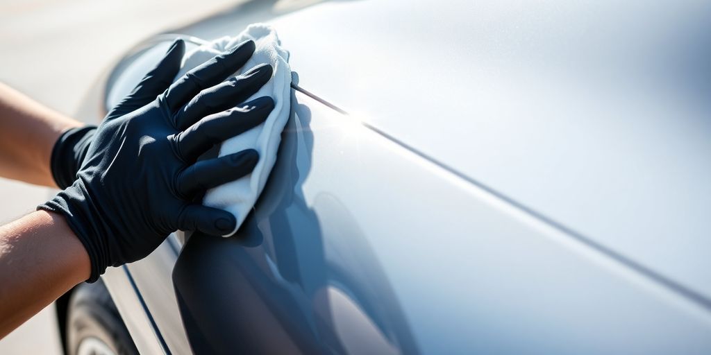 Man poetst glimmende auto met passie