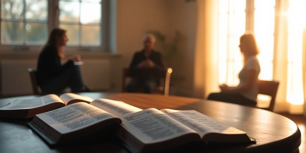 Silhouettes in a sunlit room with open Bibles.