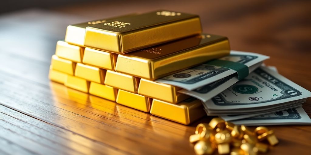 Barres d'or et billets de banque en gros plan.