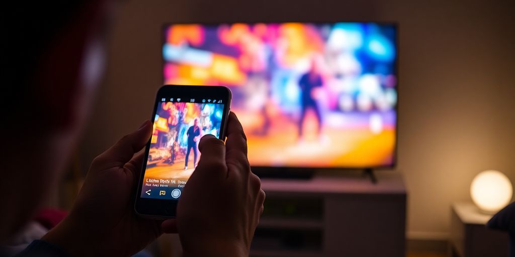 Homem espelhando celular na TV.