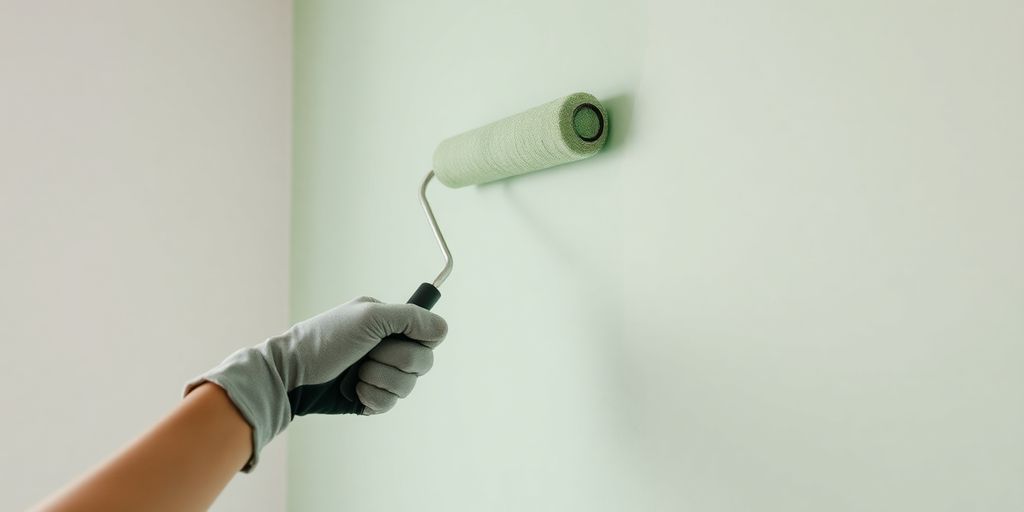 Painter applies light green paint to interior wall.