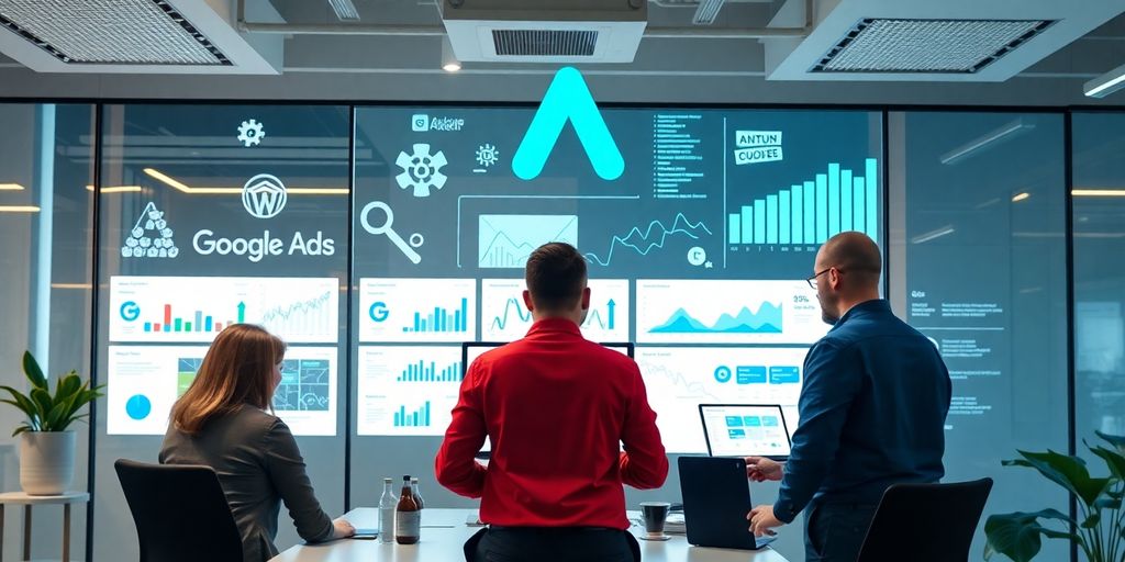 Profissionais de marketing digital em ambiente moderno de escritório.