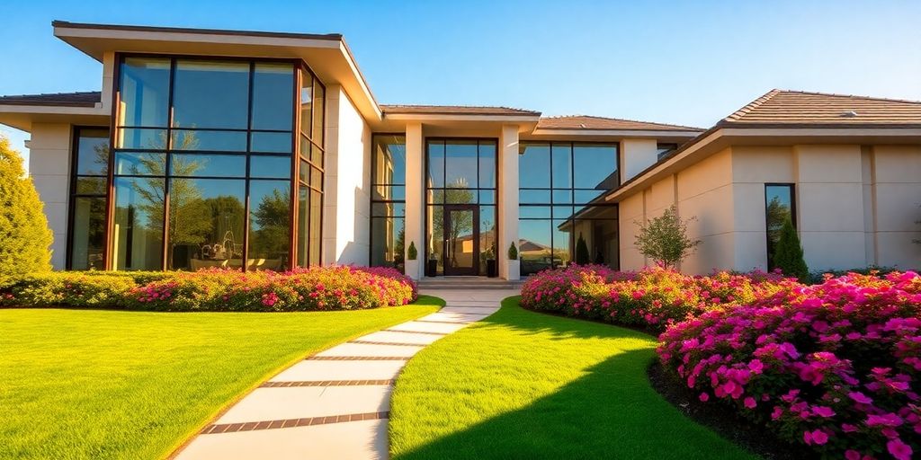 Modern home, large windows, elegant landscaping.