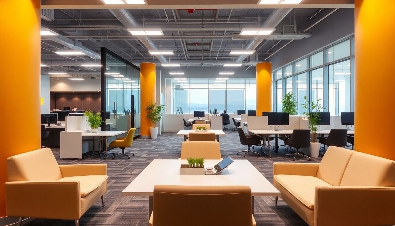 Modern office with sleek furniture and bright lighting.