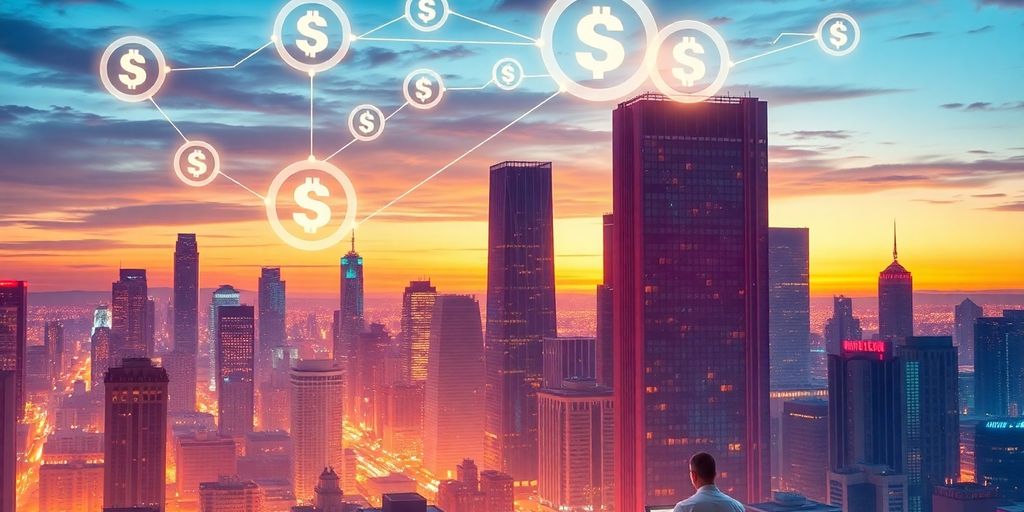 futuristic city, glowing data, thriving digital economy