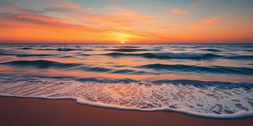Tranquil waves at sunset promoting financial prosperity.