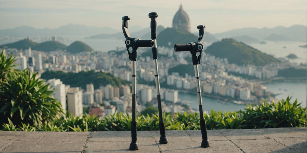 Adjustable crutches against a wall with Rio de Janeiro cityscape, highlighting rental options and prices in the city.
