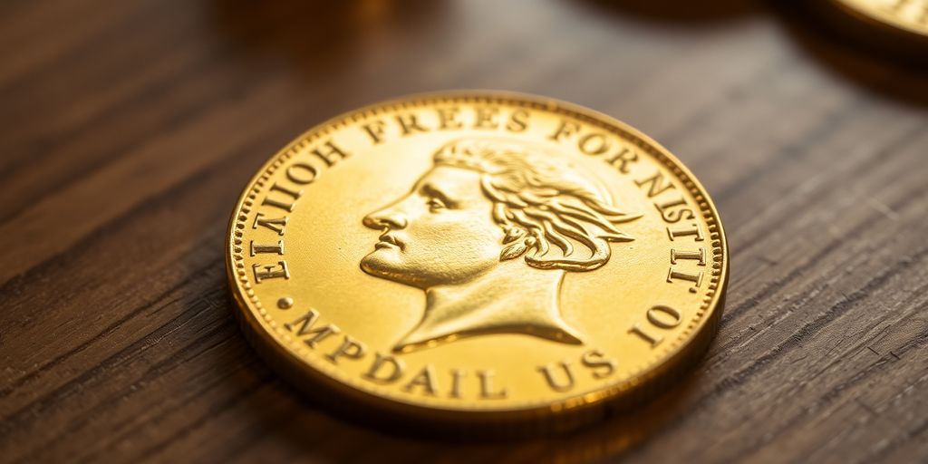 Une pièce de Napoléon en or sur une table en bois.
