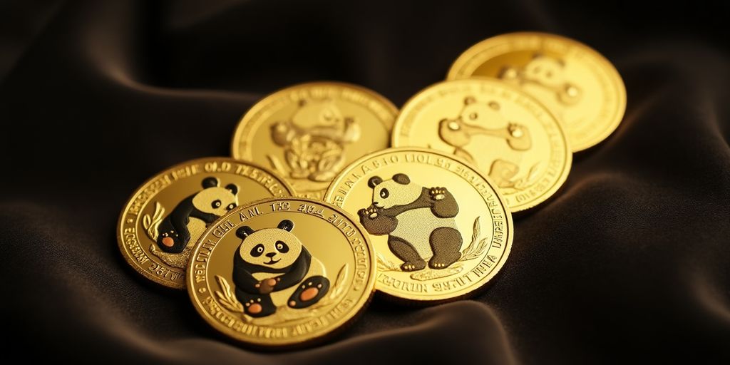 Pièces en or panda disposées sur un fond sombre.