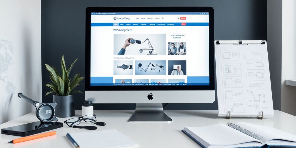 Espace de travail moderne avec ordinateur et outils de web.