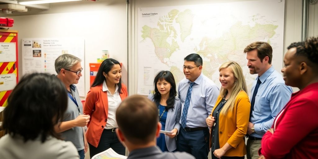Diverse professionals collaborating in emergency response settings.