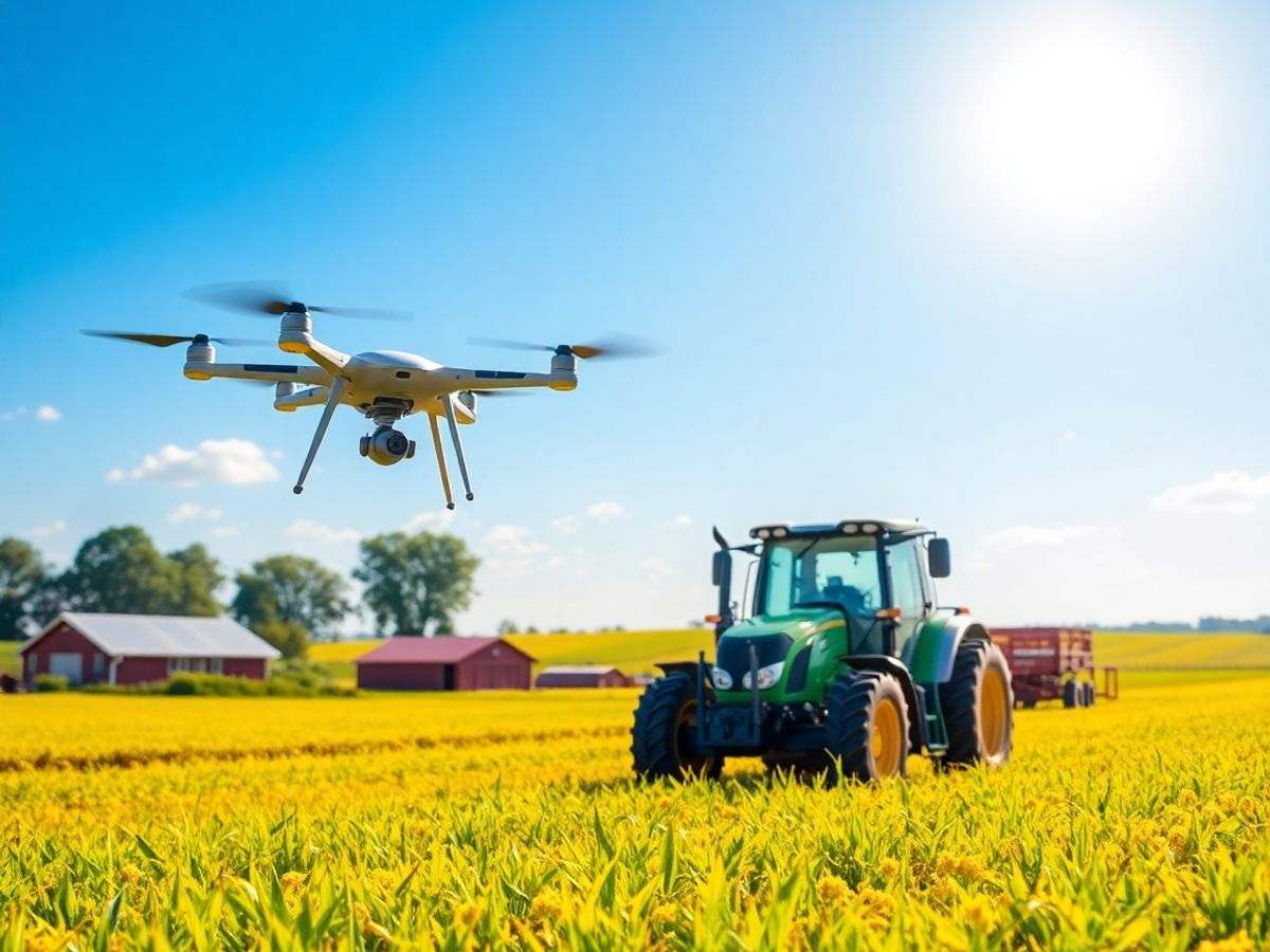 O fermă modernă cu drone și tractoare autonome.