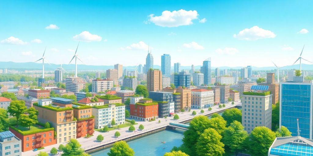 Green city skyline with clean energy.