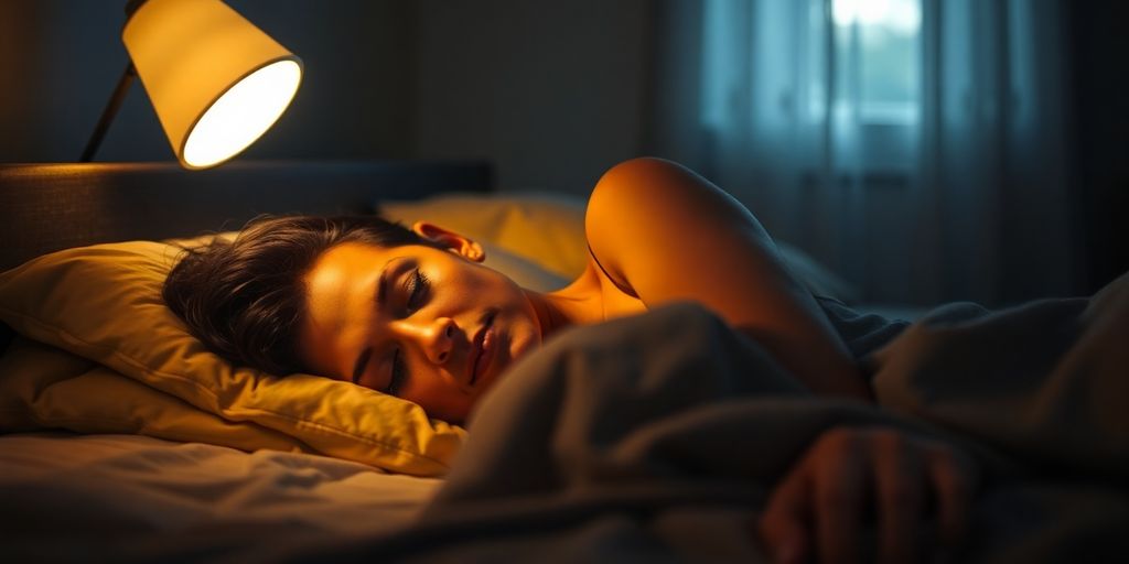 Calm person sleeping peacefully in a dimly lit room.