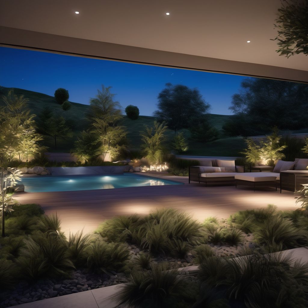 beautiful outdoor landscape design with elegant lighting at night