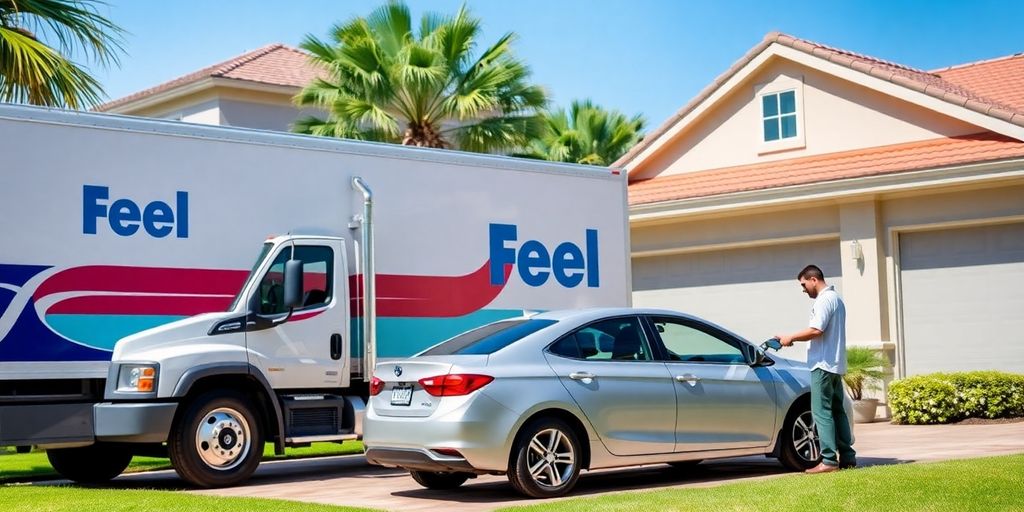 Fuel delivery truck servicing a car in Jacksonville driveway.