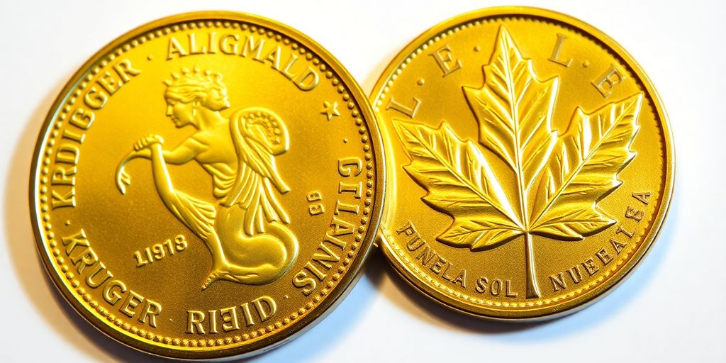 Pièces d'or Krugerrand et Maple Leaf côte à côte.