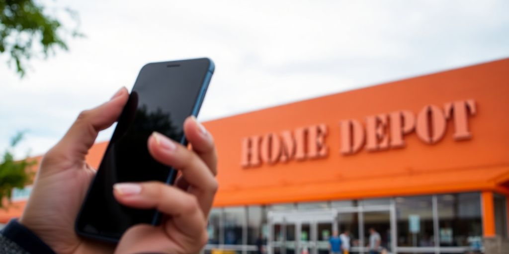 Person holding phone, Home Depot store in background.
