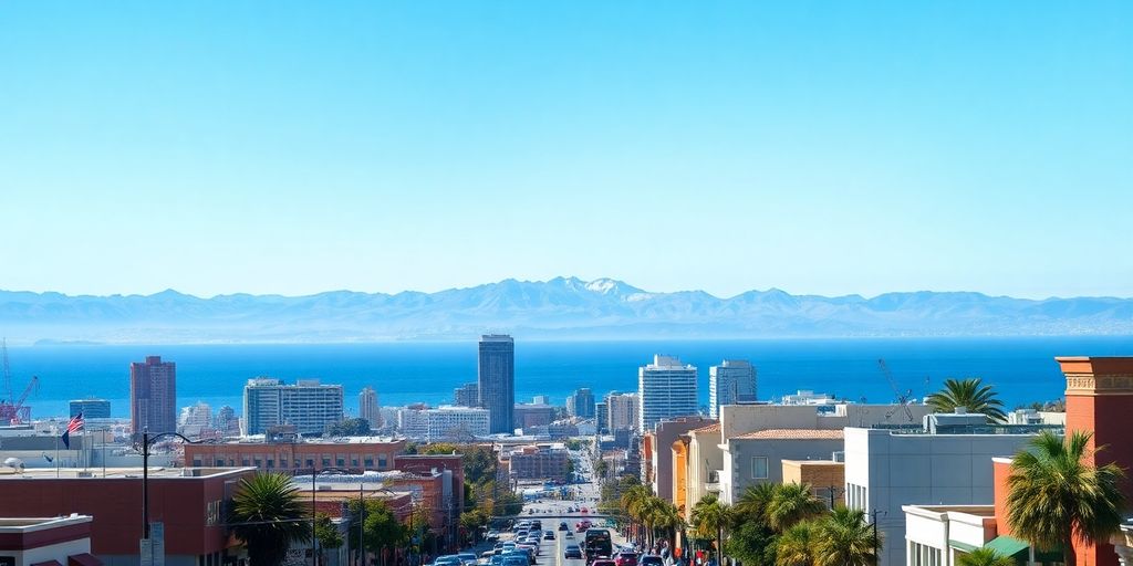 Diverse California cityscape with mountains and ocean.