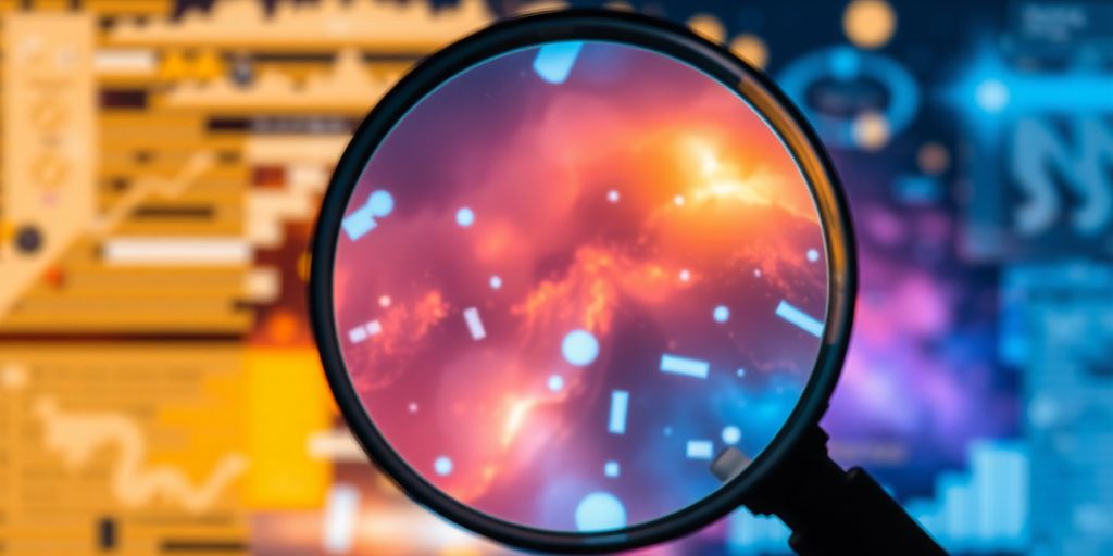 Magnifying glass over abstract web page elements.