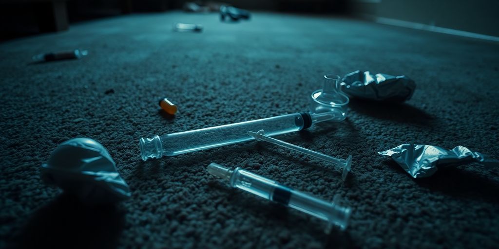 Empty drug paraphernalia on a stained carpet.