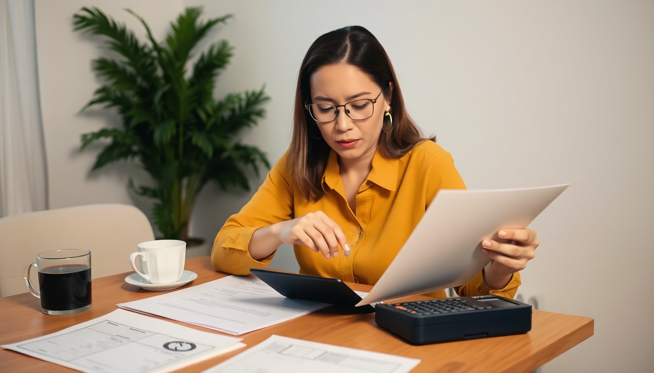 Pessoa revisando finanças em uma mesa organizada.