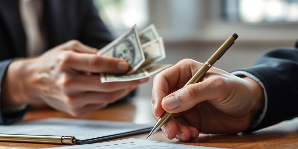 Notaire signant un document de vente d'argent.