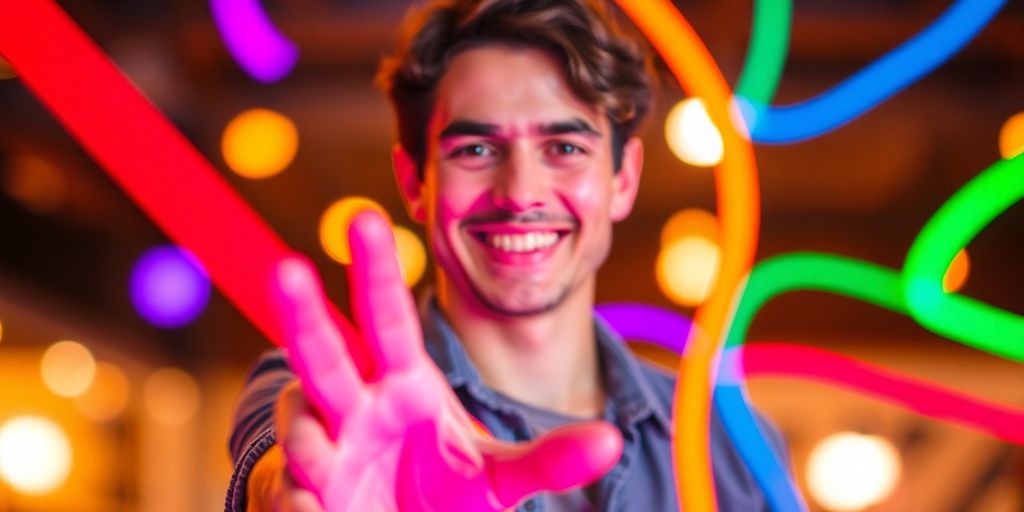 Person networking, interacting with diverse visuals.