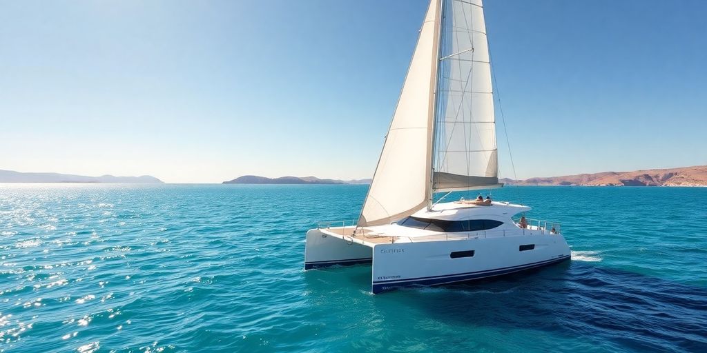 Catamaran sailing on turquoise Aegean Sea near Greek islands.